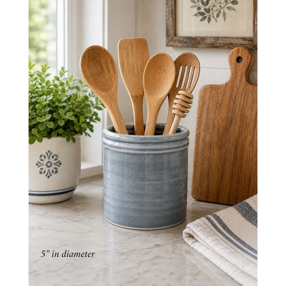 Pottery Barn Blue Stoneware Utensil Crock 5